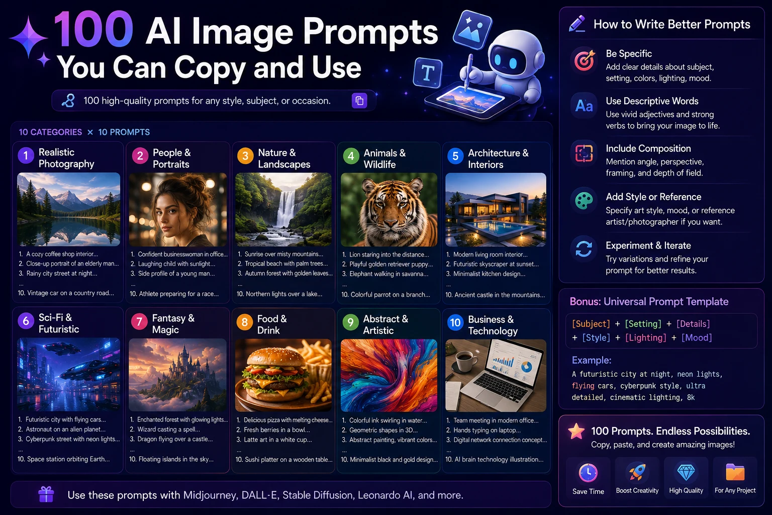 100 AI image prompts for creating social media, marketing, business, product, technology, and creative visuals
