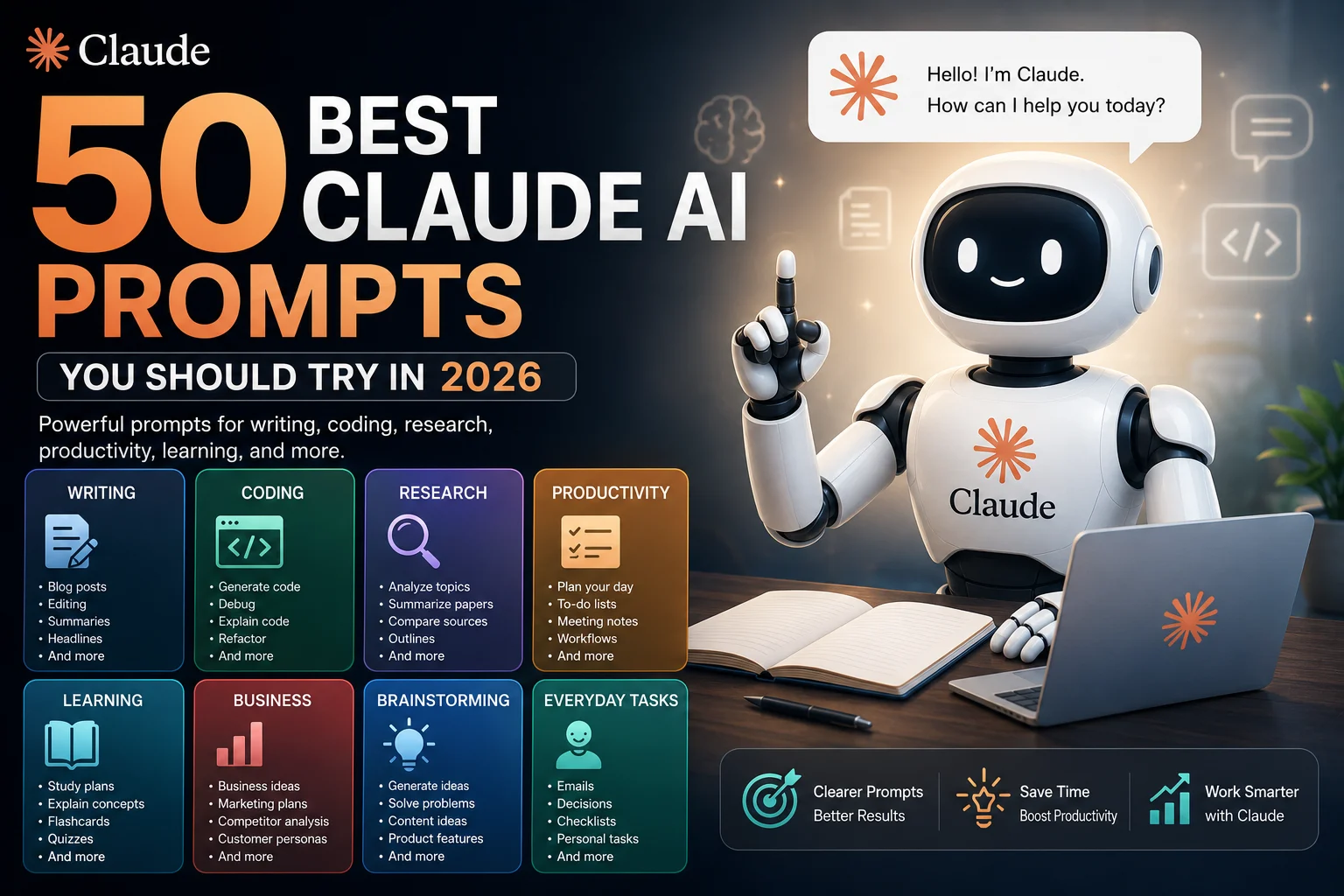50 best Claude AI prompts for writing, coding, research, productivity, and learning