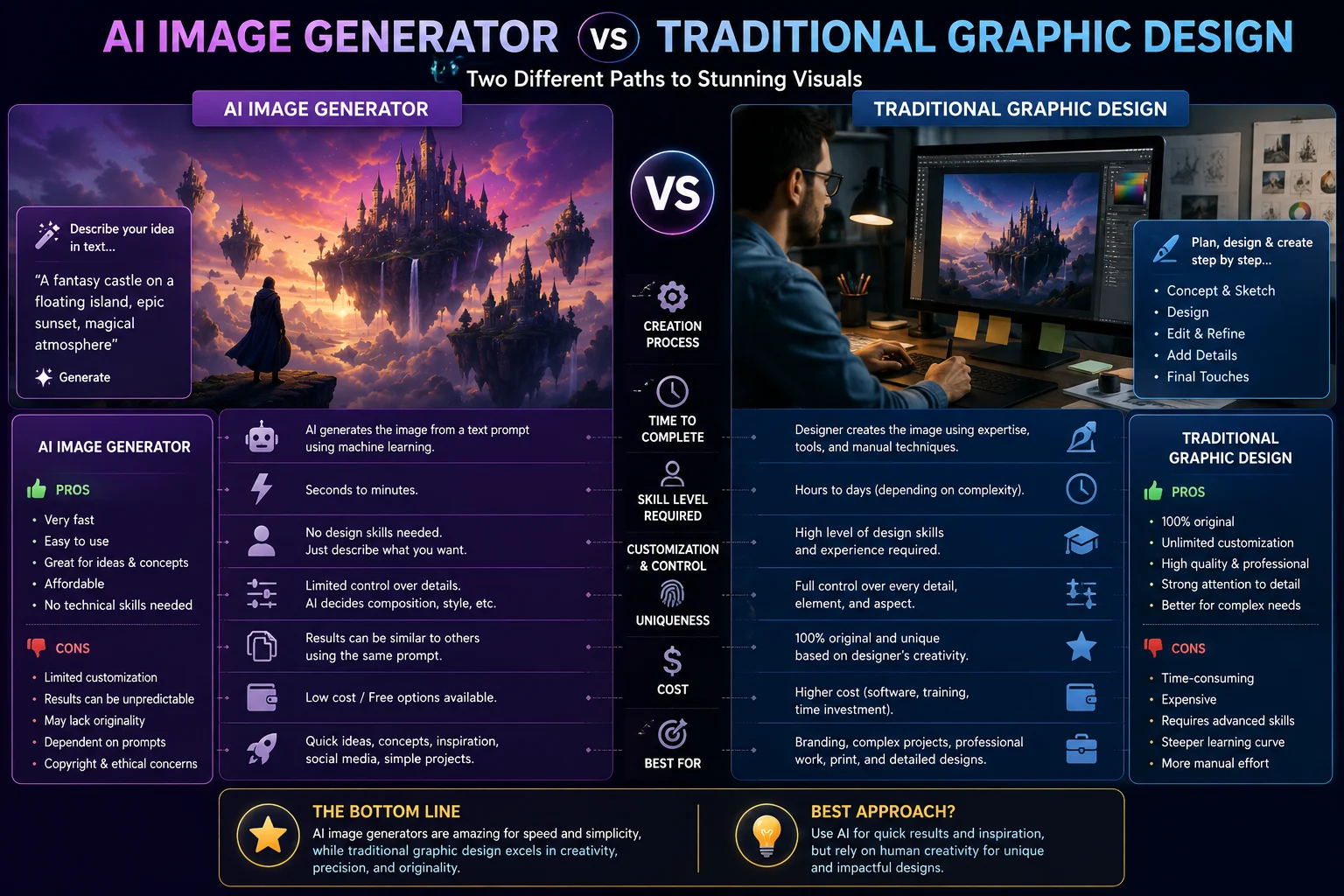 AI image generator compared with traditional graphic design workflow