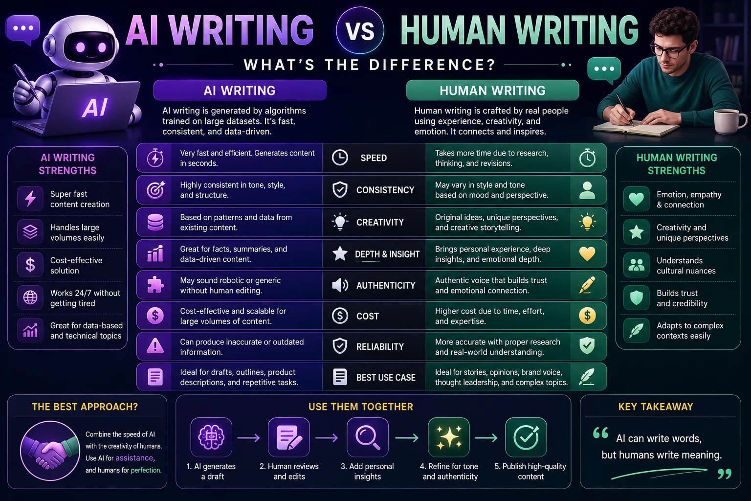 AI writing vs human writing showing artificial intelligence and human creativity compared