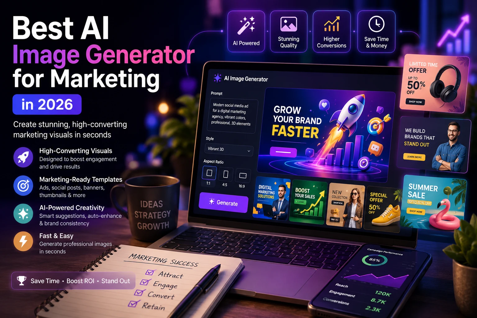 AI image generator creating professional marketing visuals, social media graphics, and advertising content on a laptop