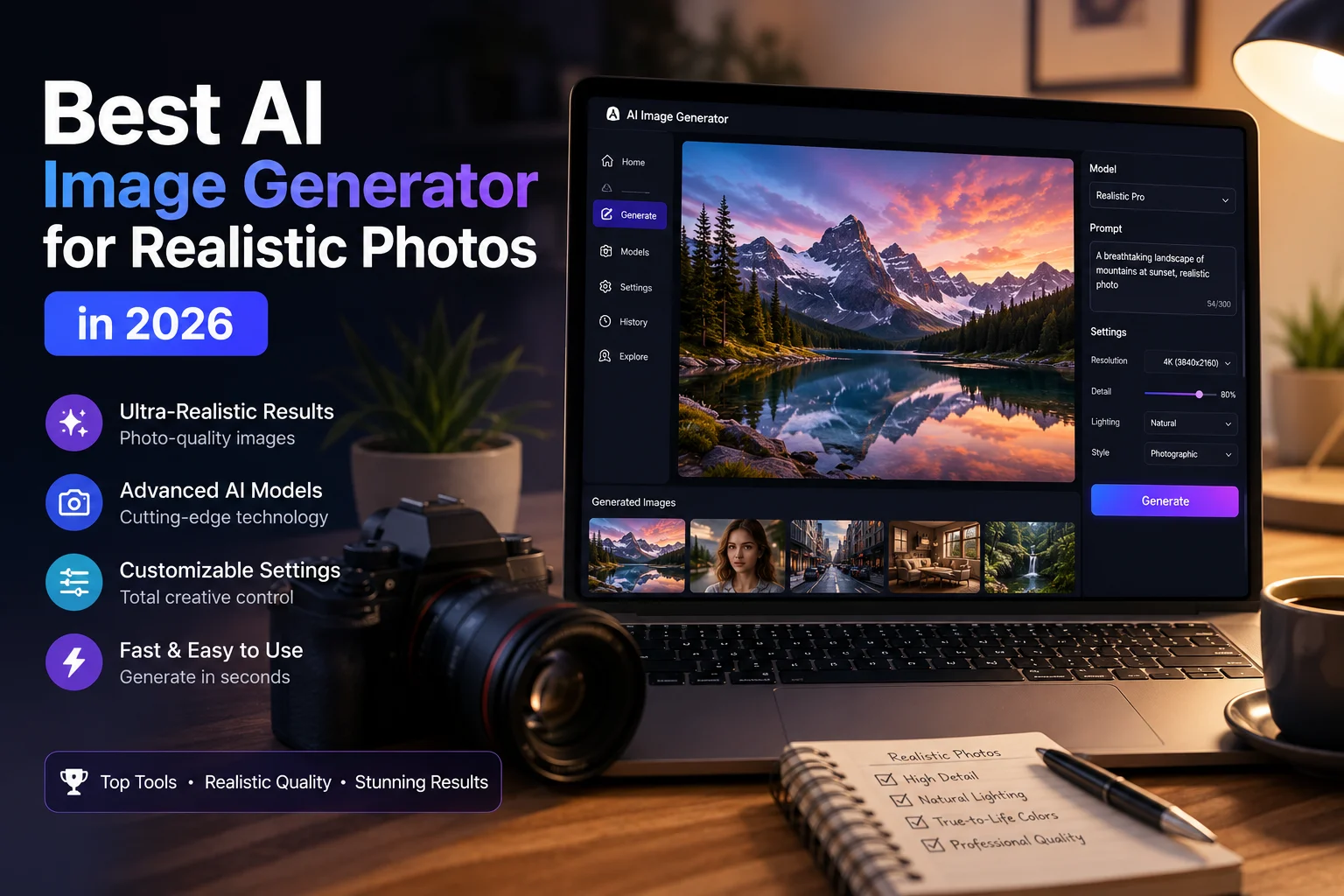 Photorealistic AI-generated portrait displayed on a laptop alongside a digital camera and creative tools