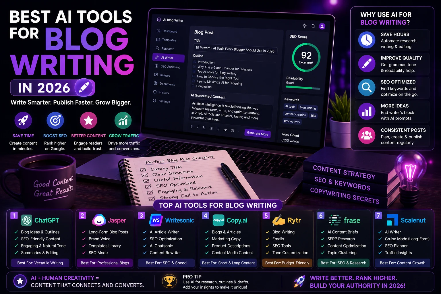 Blogger using AI writing tools to create and optimize a blog post on a laptop