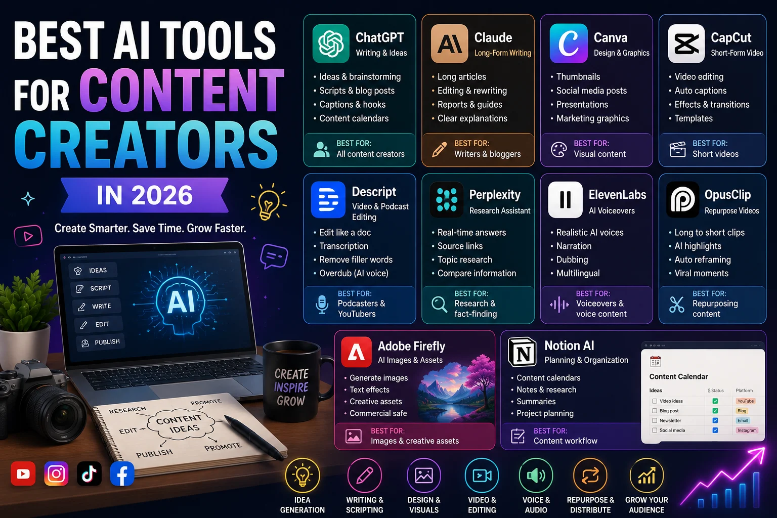 Best AI tools for content creators in 2026 for writing, video, images, and social media