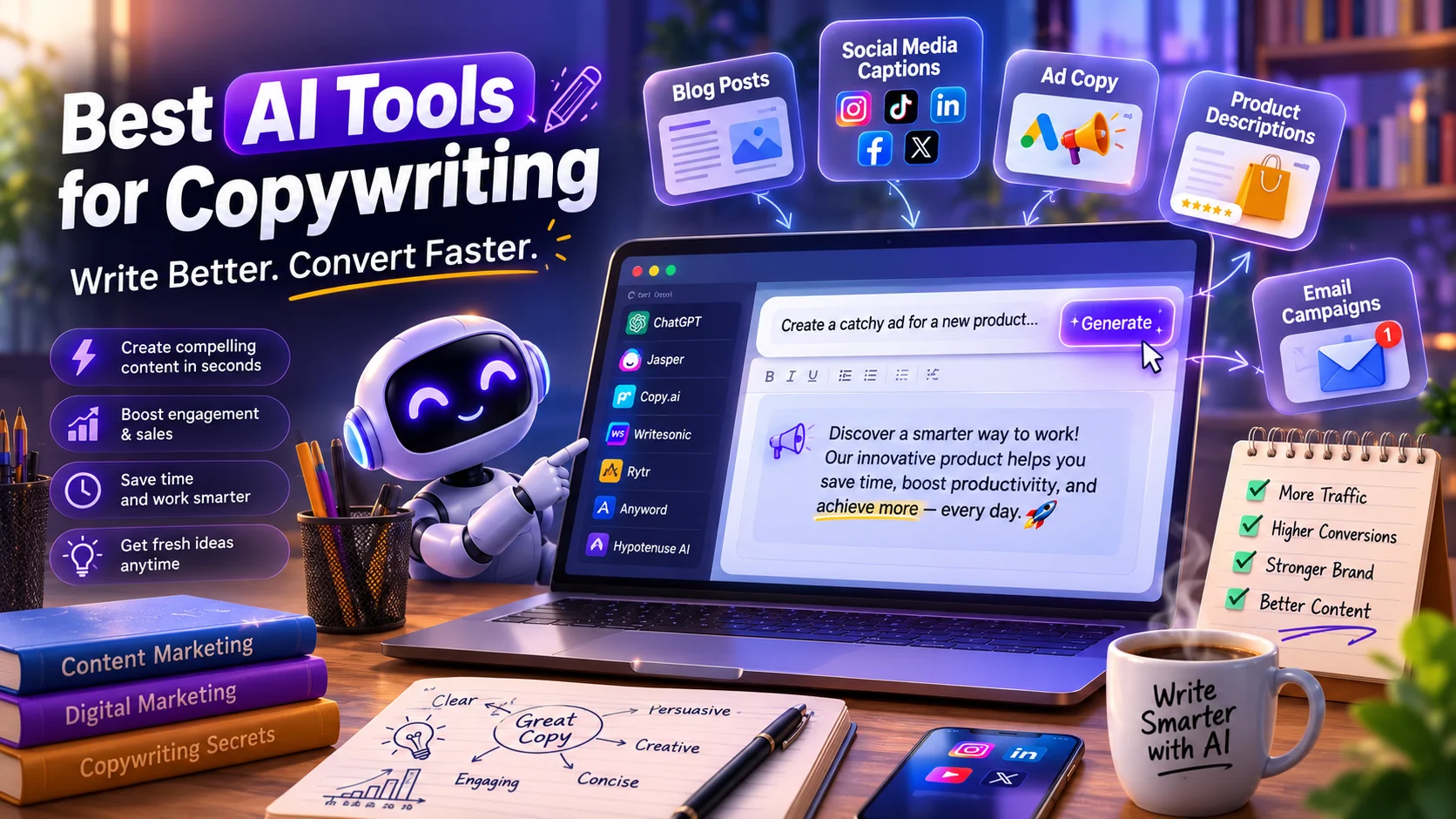Best AI tools for copywriting showing AI writing assistants creating marketing content