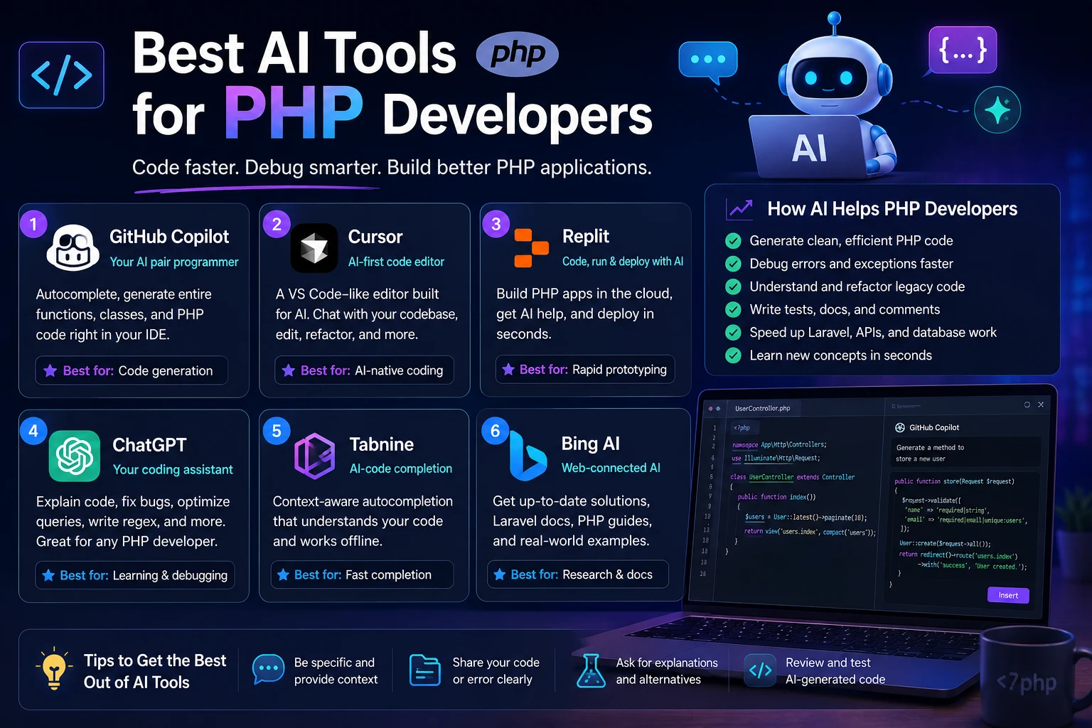 Best AI tools for PHP developers showing AI coding assistants, PHP code, and a modern development environment