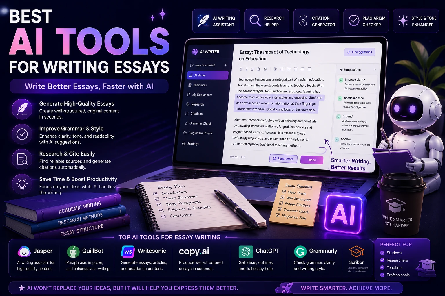 Best AI tools for writing essays showing AI writing assistants and academic writing tools