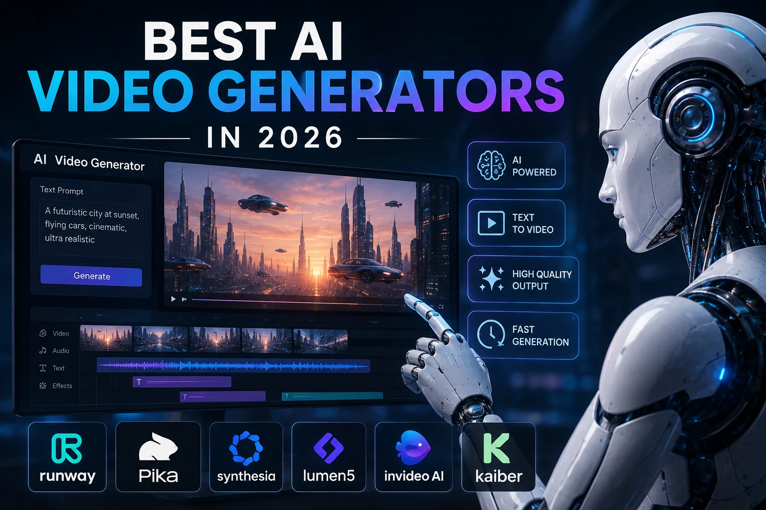 Best AI video generators in 2026 showing futuristic AI video creation tools and cinematic generated scenes