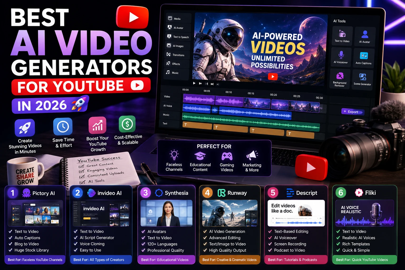 YouTube creator using AI video generation tools to create professional video content on a laptop