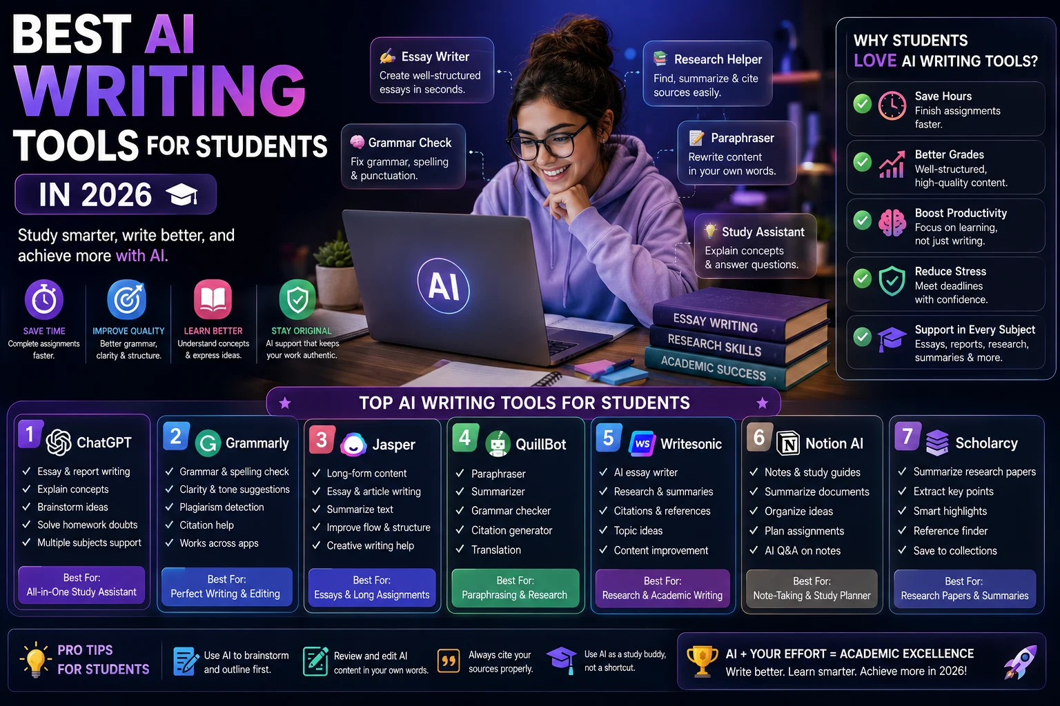 Student using AI writing and editing tools on a laptop for an academic assignment