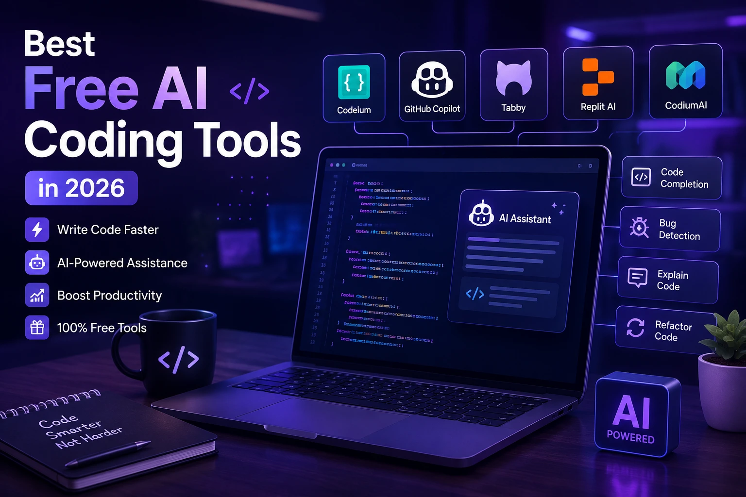 Developer using free AI coding tools to write and debug code on a laptop