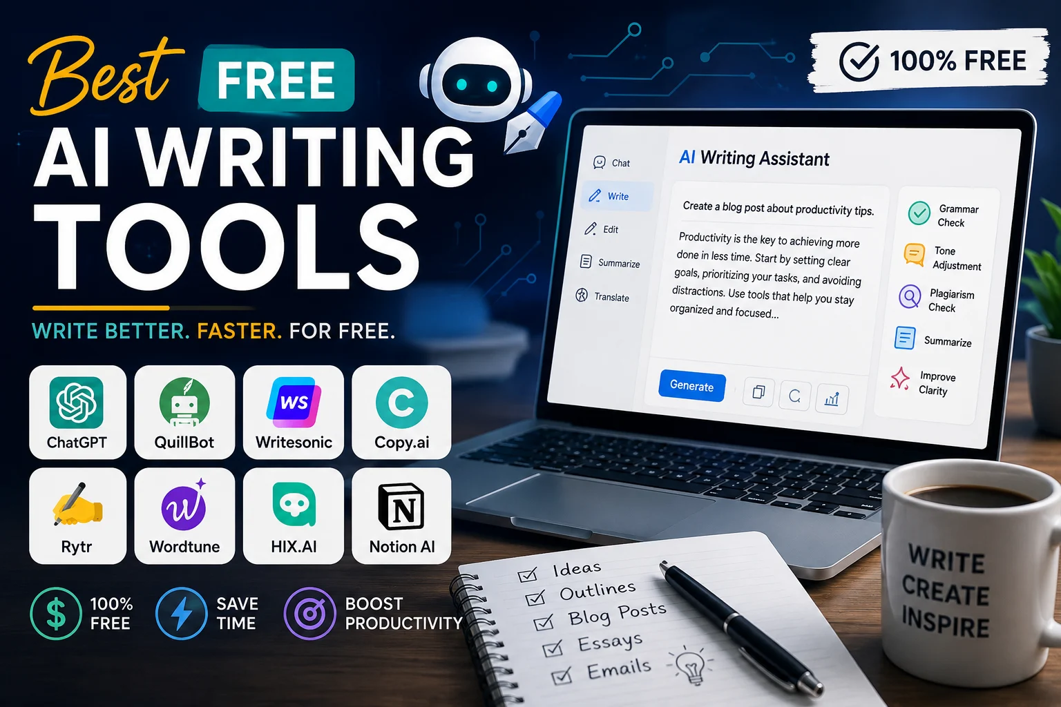 Best free AI writing tools for content creation and editing in 2026