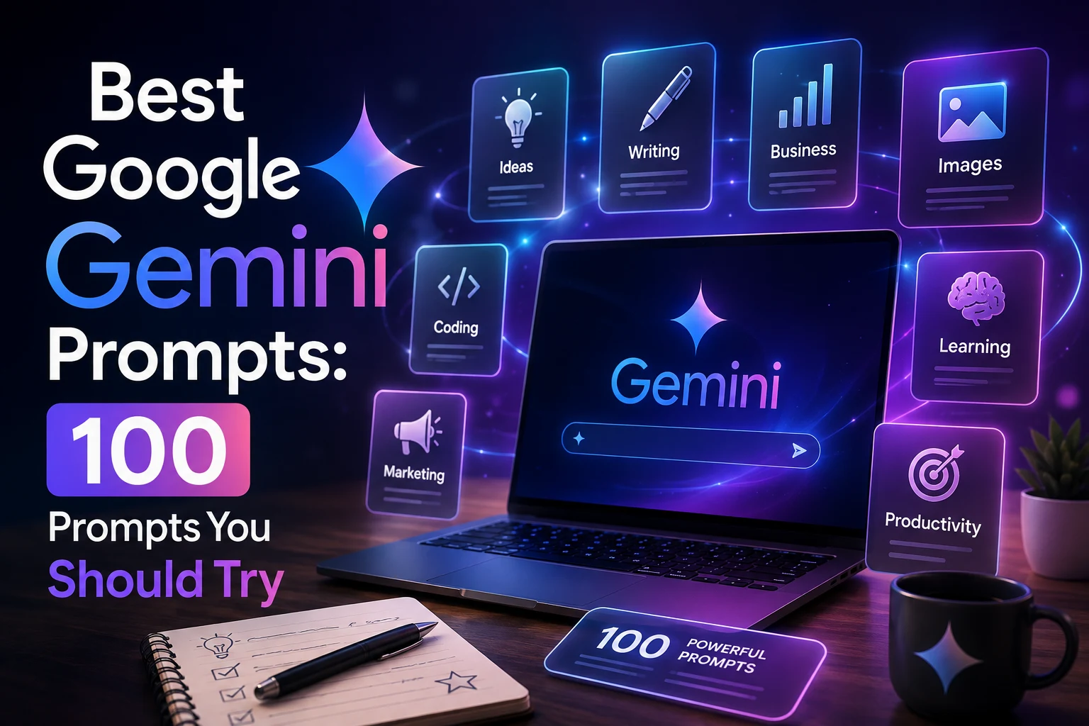 Modern laptop displaying Google Gemini with a collection of AI productivity and writing prompt cards