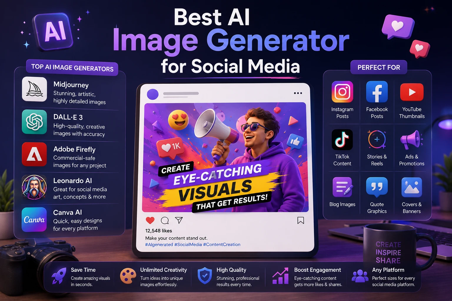 Best AI image generators for social media showing creative social media posts and AI-generated visuals