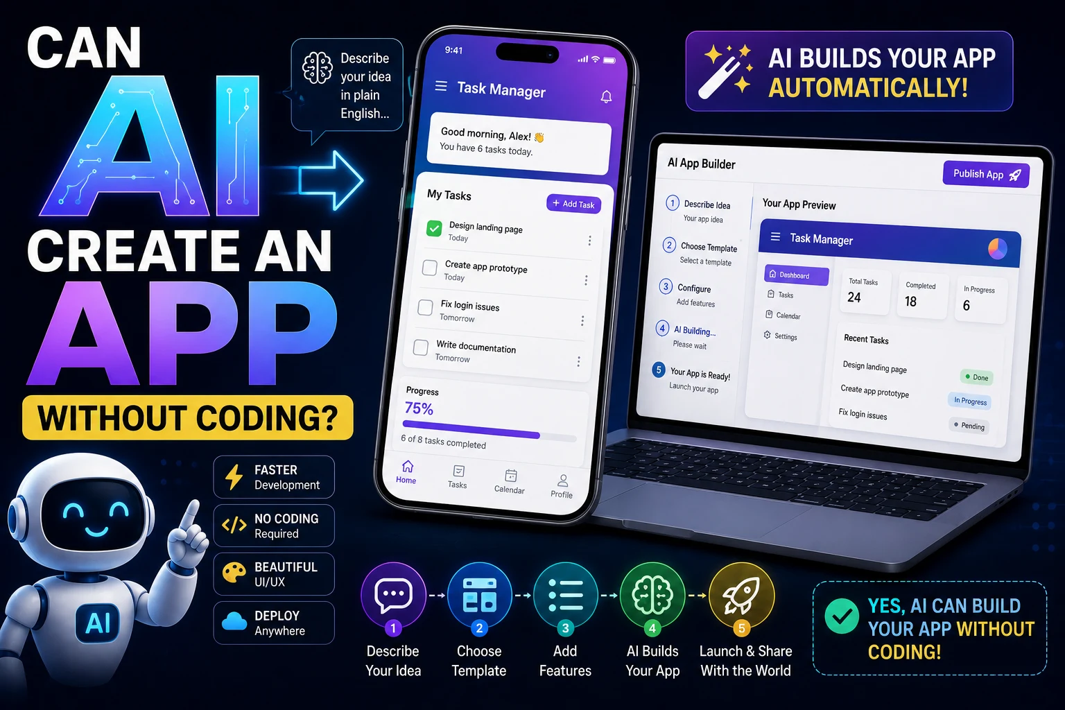 AI creating a mobile and web application without coding using an AI app builder