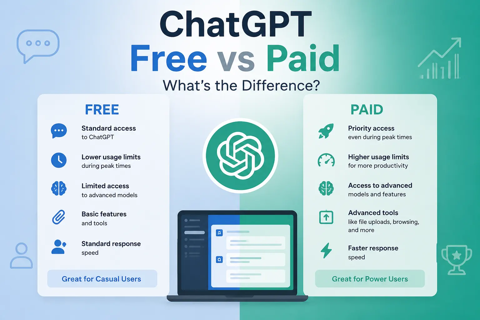 ChatGPT Free vs Paid plans comparison showing AI features and tools