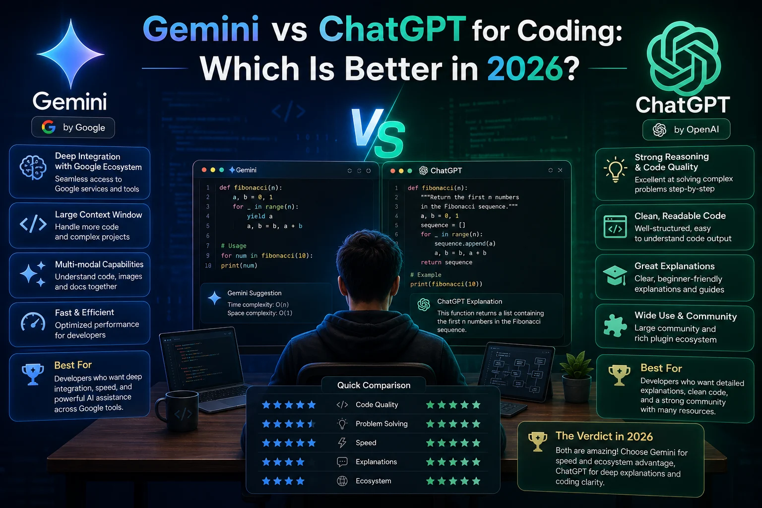Developer comparing Gemini and ChatGPT AI coding assistants on a laptop