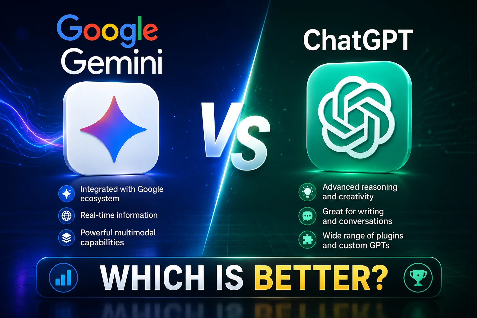 Google Gemini vs ChatGPT comparison showing two AI assistants on a modern digital interface