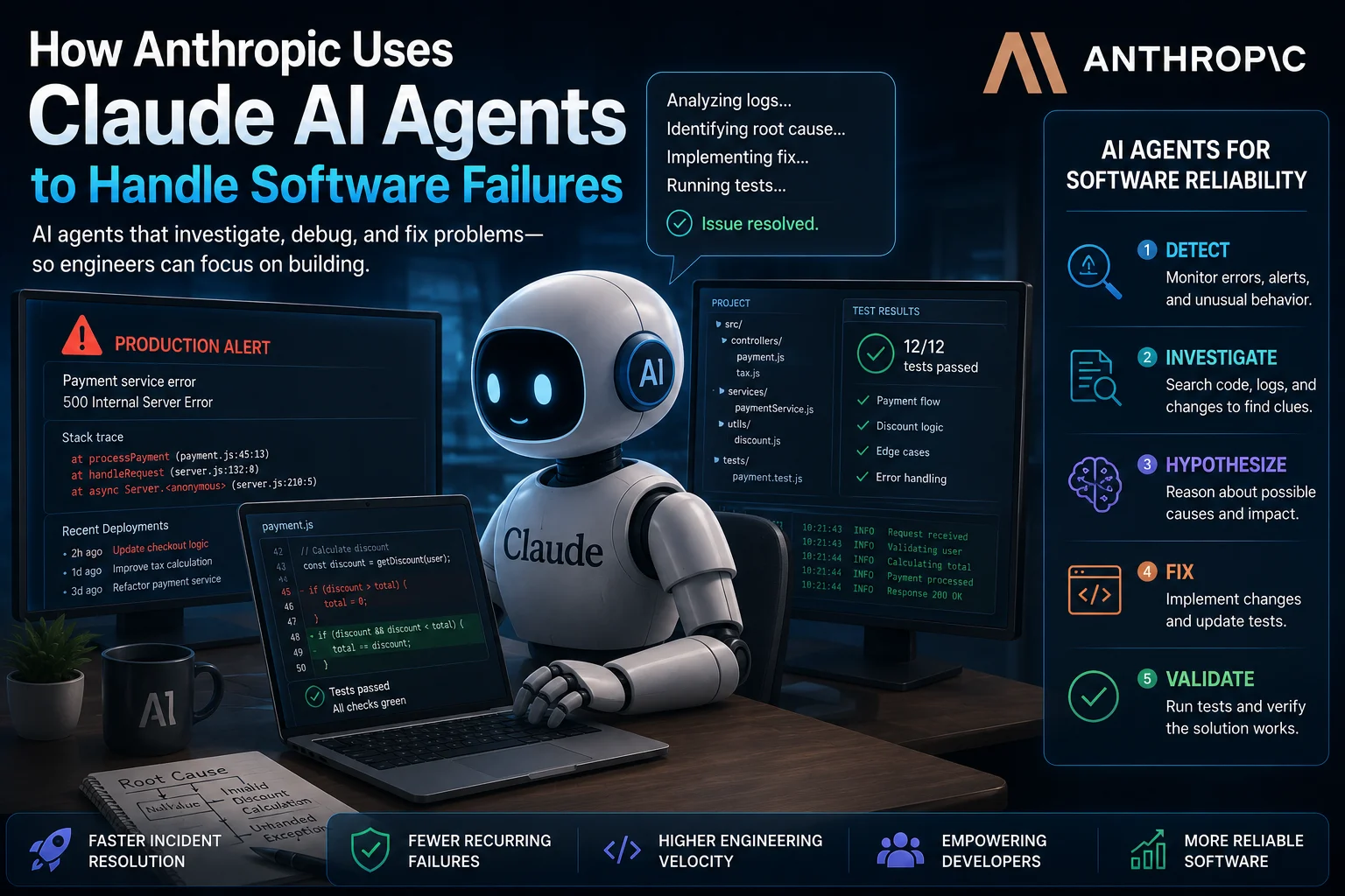 Anthropic Claude AI agents analyzing software failures, debugging code, and investigating system errors