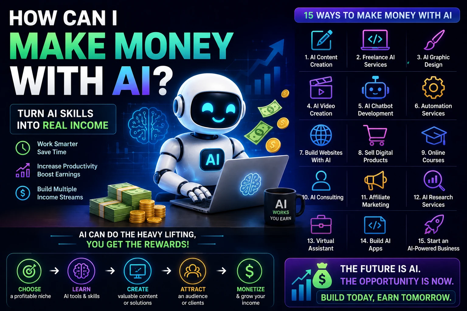 How to make money with AI showing AI-powered business ideas, online income, freelancing, and digital products