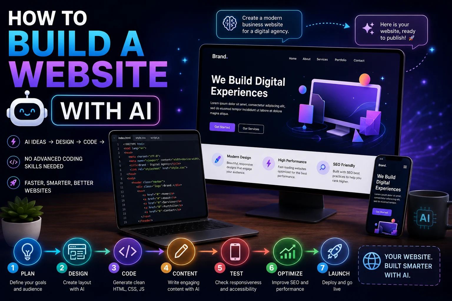 How to build a website with AI showing AI-assisted web development, code, design, and a modern website