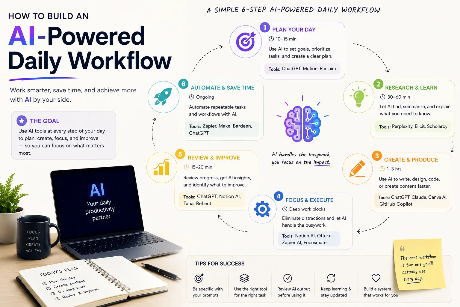 How to build an AI-powered daily workflow for planning tasks, automating work, and improving productivity