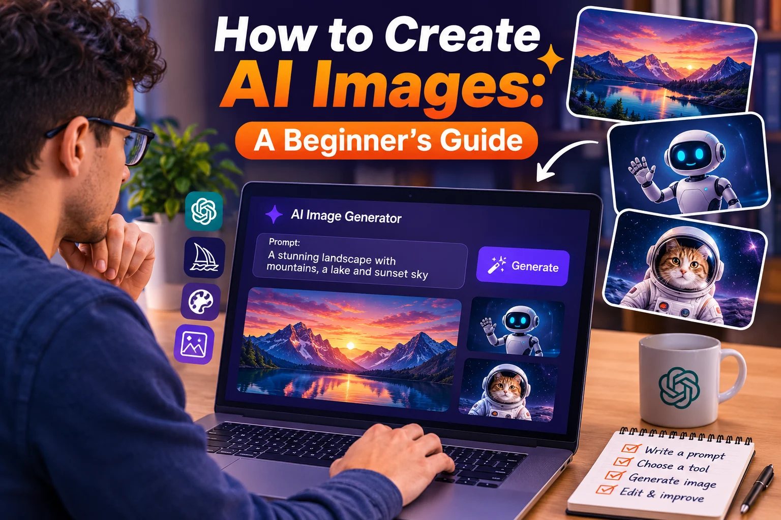 Beginner using an AI image generator to create a digital image from a text prompt on a laptop
