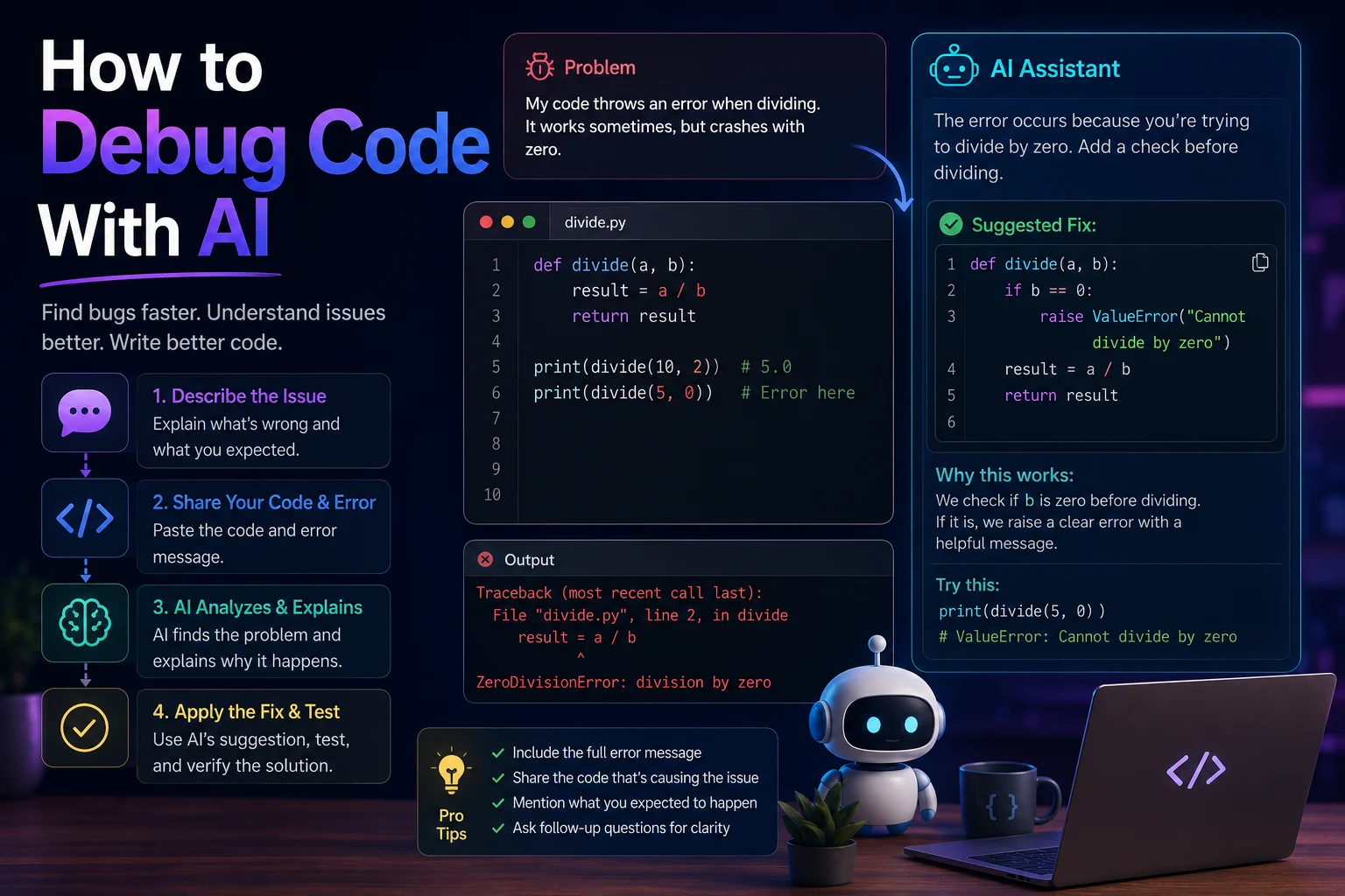How to debug code with AI using an AI coding assistant and code editor