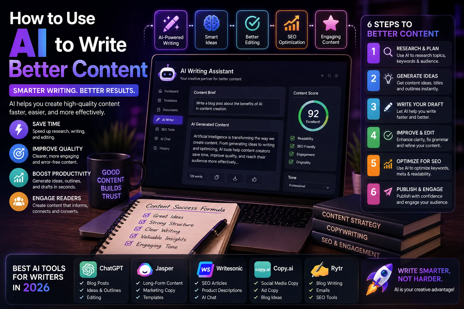 Content creator using an AI writing assistant to improve an article on a laptop