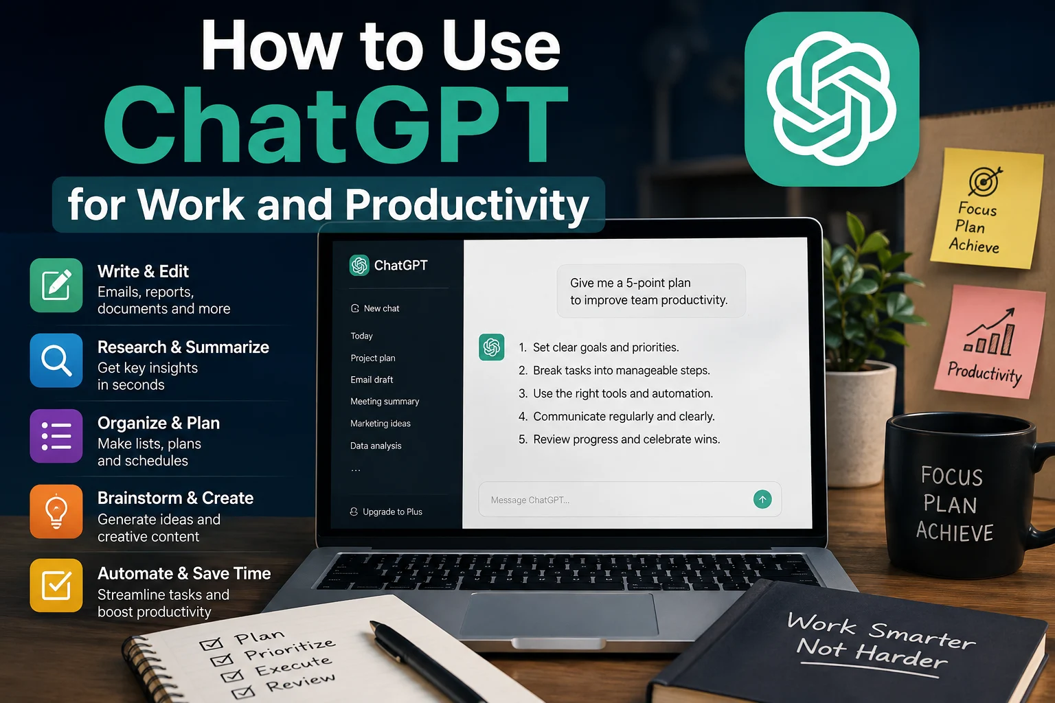 Professional using ChatGPT to improve workplace productivity with AI-powered tasks, writing, planning, and data analysis