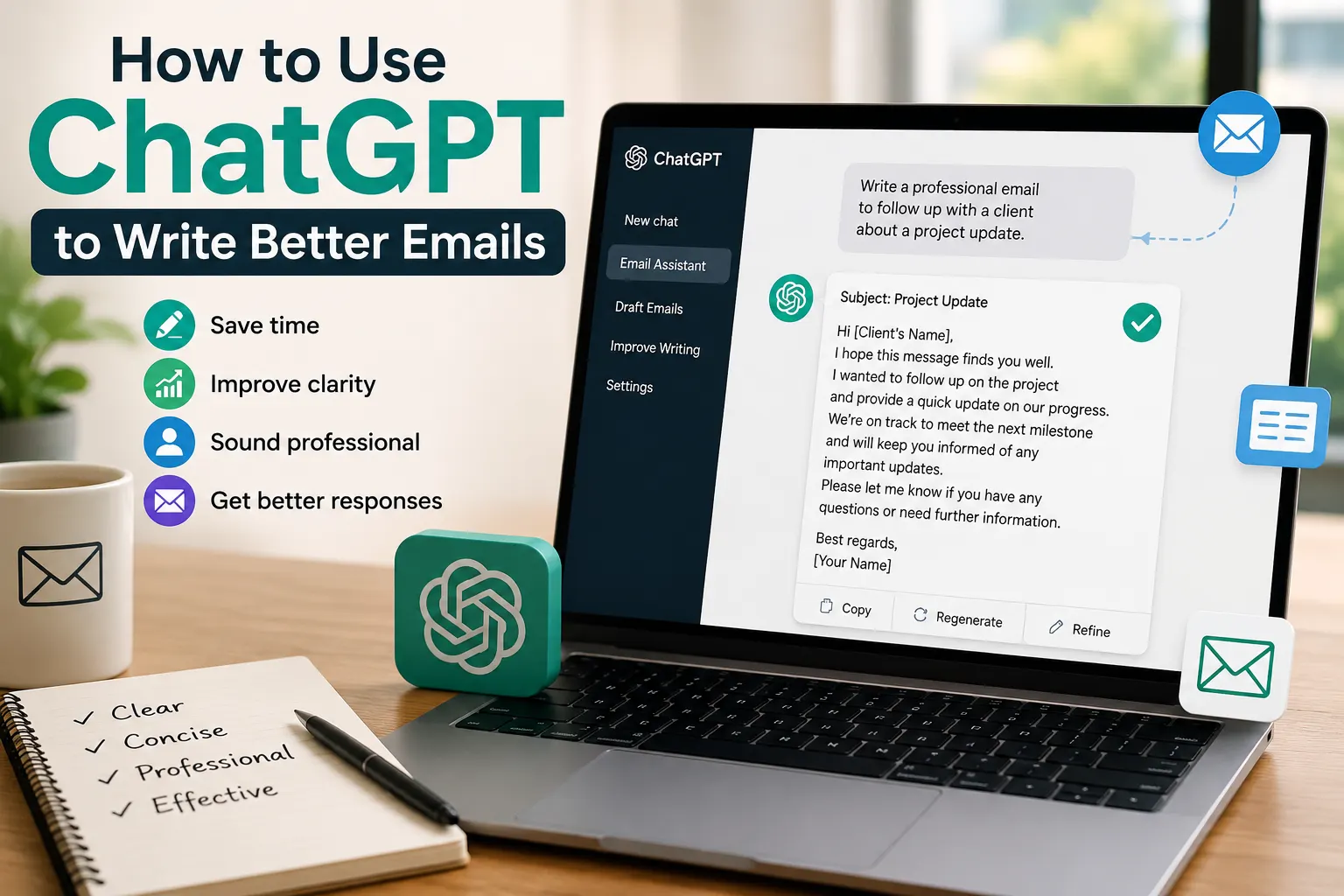Using ChatGPT to write professional emails on a laptop