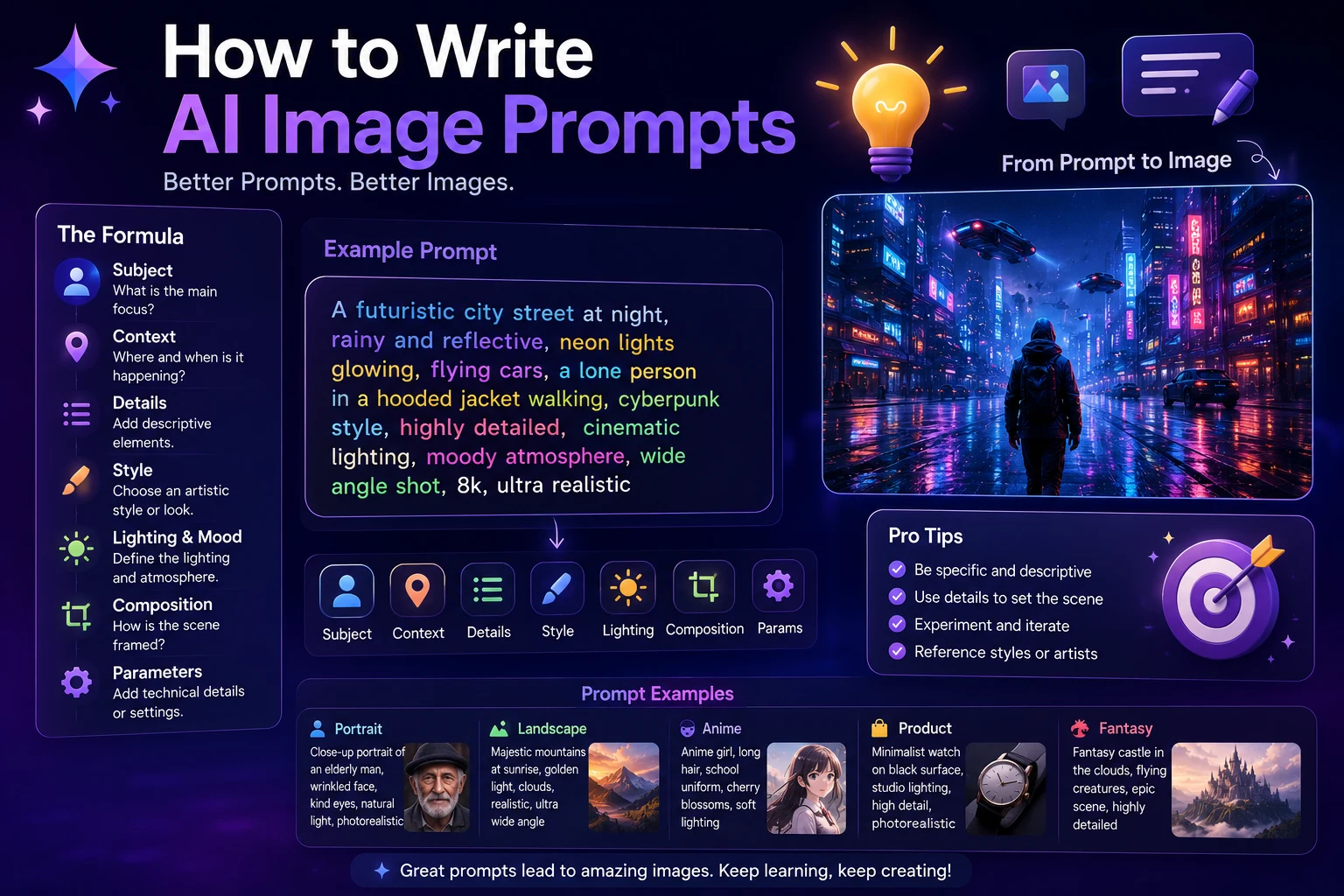 How to write AI image prompts showing a detailed prompt being transformed into a high-quality AI-generated image