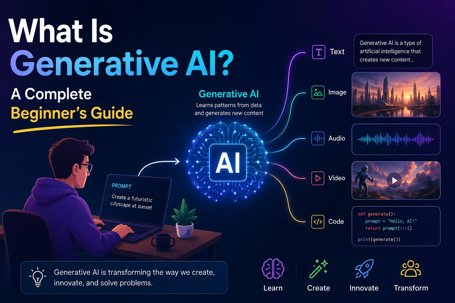 Generative AI creating text, images, video, audio, and code on a modern AI interface
