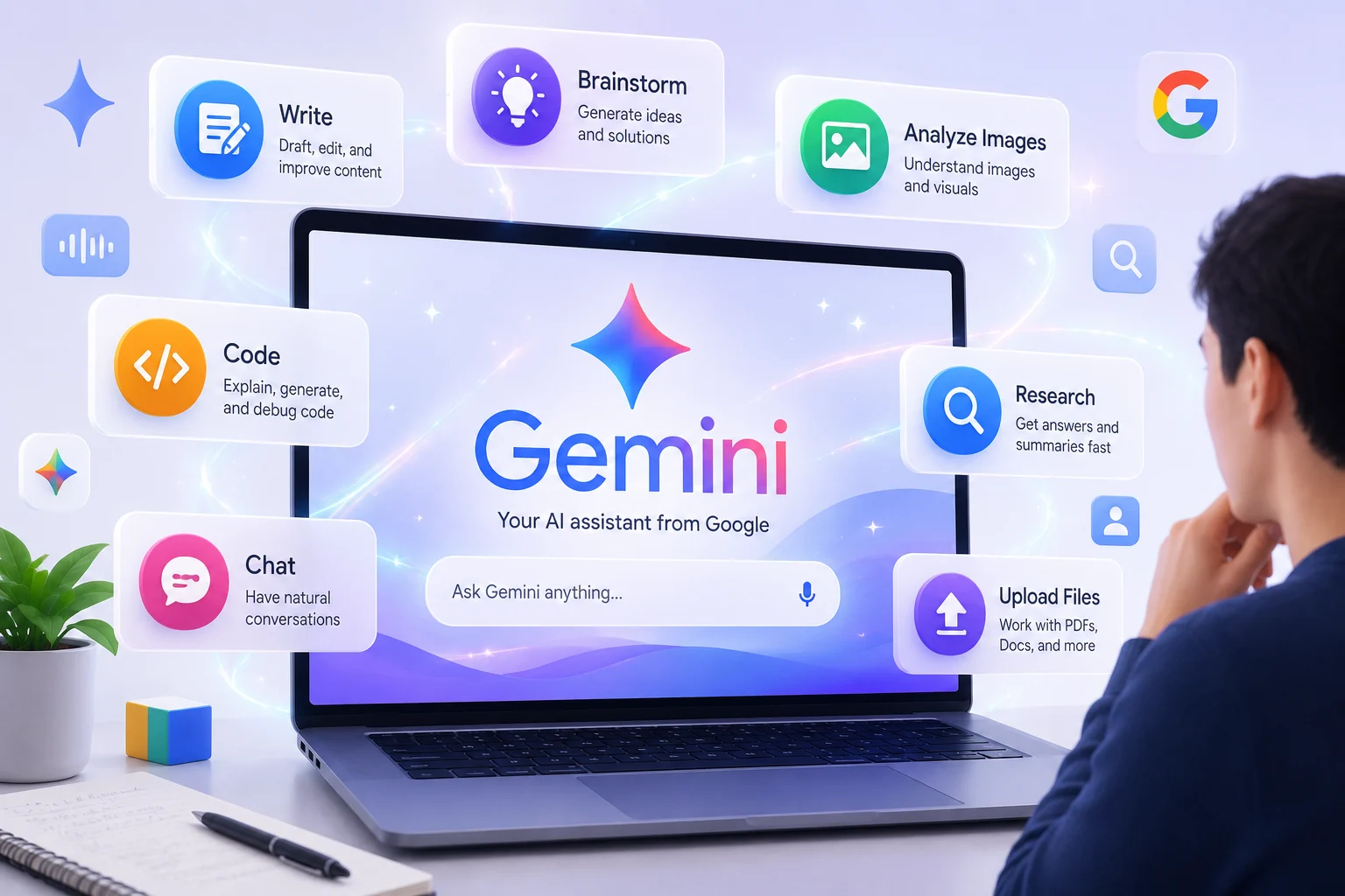 A modern illustration of Google Gemini AI helping a user with writing, research, coding, and image understanding on a laptop.